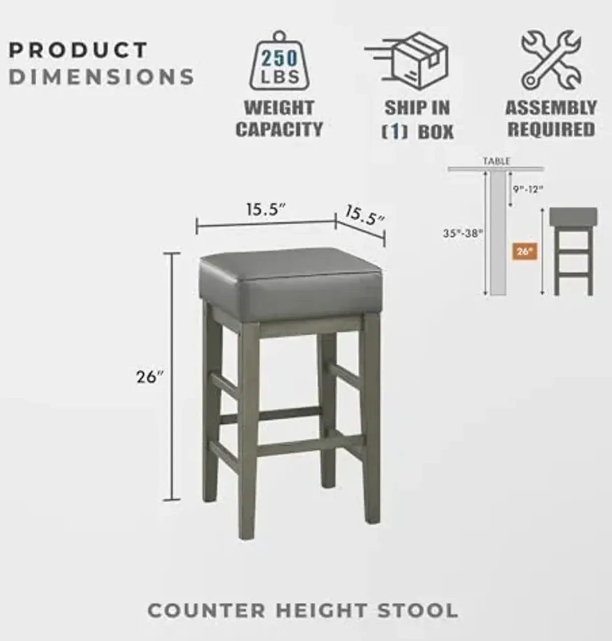 Lexicon Counter Stools Set of 2 - Counter Height Stools, Backless Seating, Solid Wood Frame and Faux Leather Cushion Seat, 26''SH, Gray