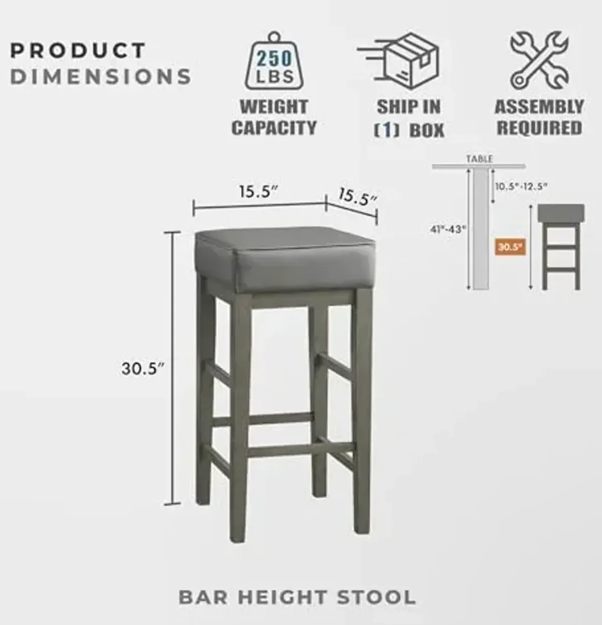 Lexicon Bar Stools Set of 2, Bar Height Stools, Tall Barstools with Solid Wood Frame and Faux Leather Cushion Seat, 30.5''SH, Gray