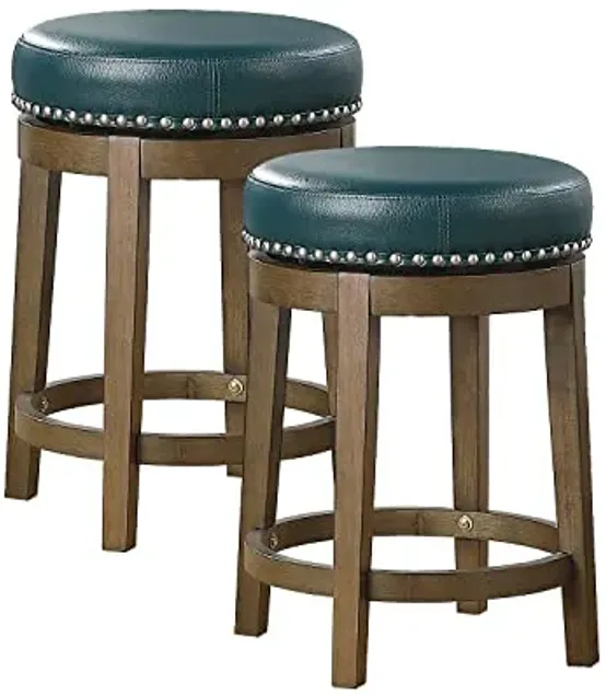 Lexicon Kenmare Swivel Stools Set of 2, Rustic 360 Degree Backless Swivel Counter Stools, Faux Leather Upholstered, Solid Wood Frame, Easy Assembly, Round Top, Foot Rest, 25" Green