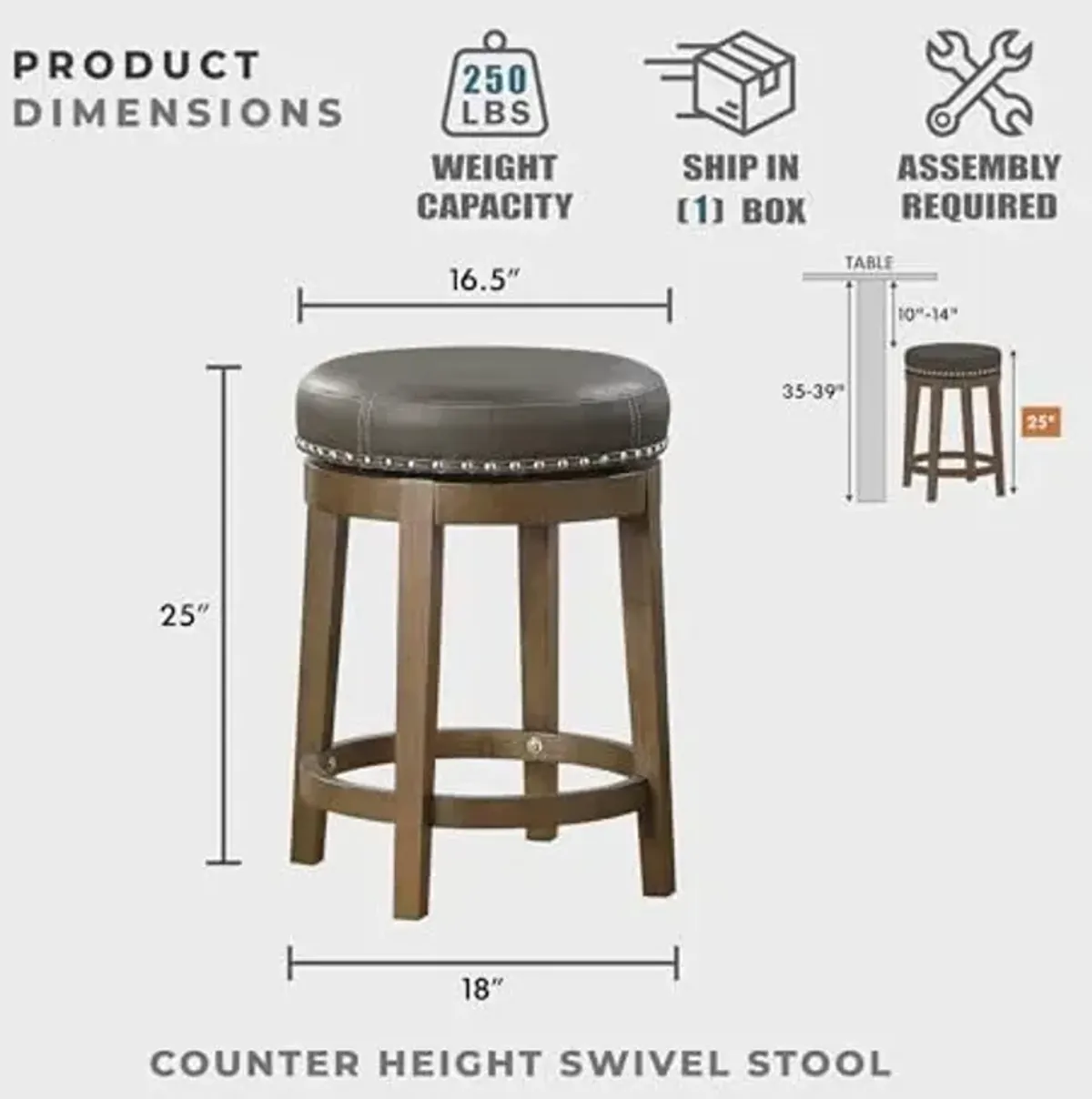 Lexicon Kenmare Swivel Stools Set of 2, Rustic 360 Degree Backless Swivel Counter Stools, Faux Leather Upholstered, Solid Wood Frame, Easy Assembly, Round Top, Foot Rest, 25" Gray