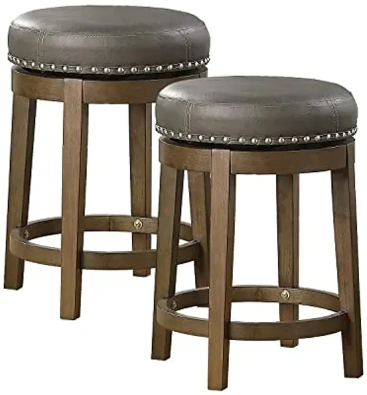 Lexicon Kenmare Swivel Stools Set of 2, Rustic 360 Degree Backless Swivel Counter Stools, Faux Leather Upholstered, Solid Wood Frame, Easy Assembly, Round Top, Foot Rest, 25" Gray