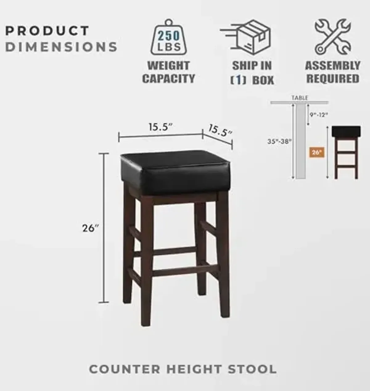 Lexicon Counter Stools Set of 2 - Counter Height Stools, Backless Seating, Solid Wood Frame and Faux Leather Cushion Seat, 26''SH, Black