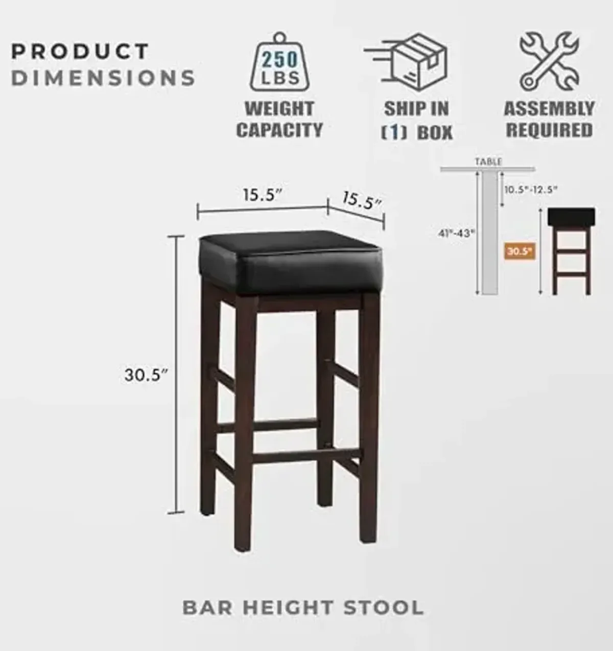 Lexicon Bar Stools Set of 2, Bar Height Stools, Tall Barstools with Solid Wood Frame and Faux Leather Cushion Seat, 30.5''SH, Black