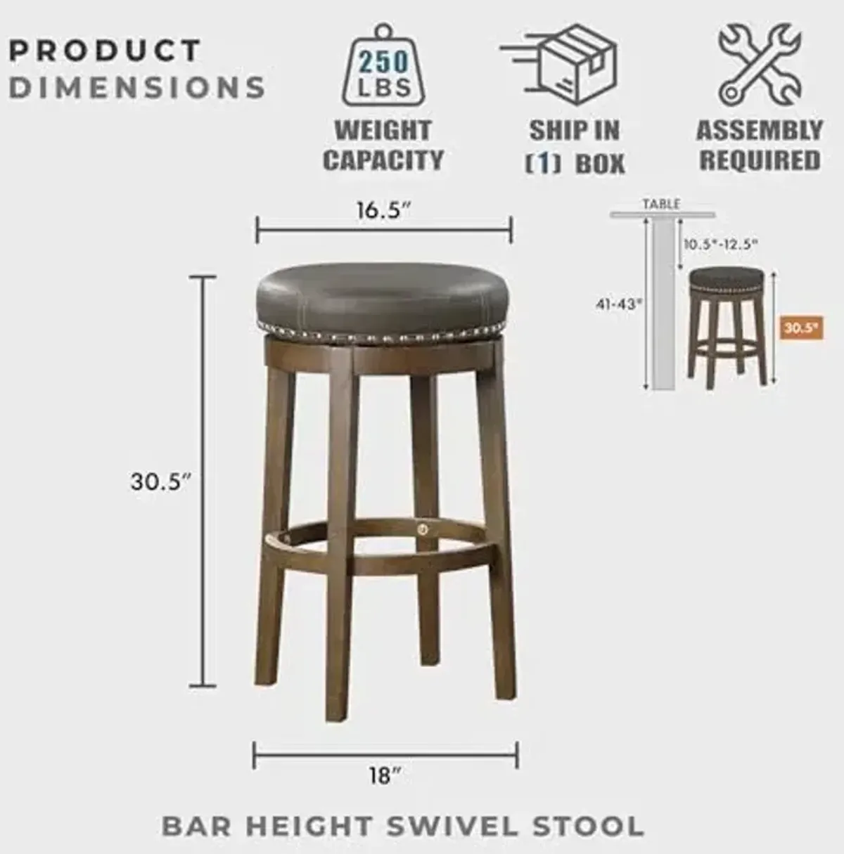 Lexicon Kenmare Swivel Bar Stools Set of 2, Rustic 360 Degree Backless Swivel Stools, Faux Leather Upholstered, Solid Wood Frame, Easy Assembly, Round Top, Foot Rest, 30.5" Gray