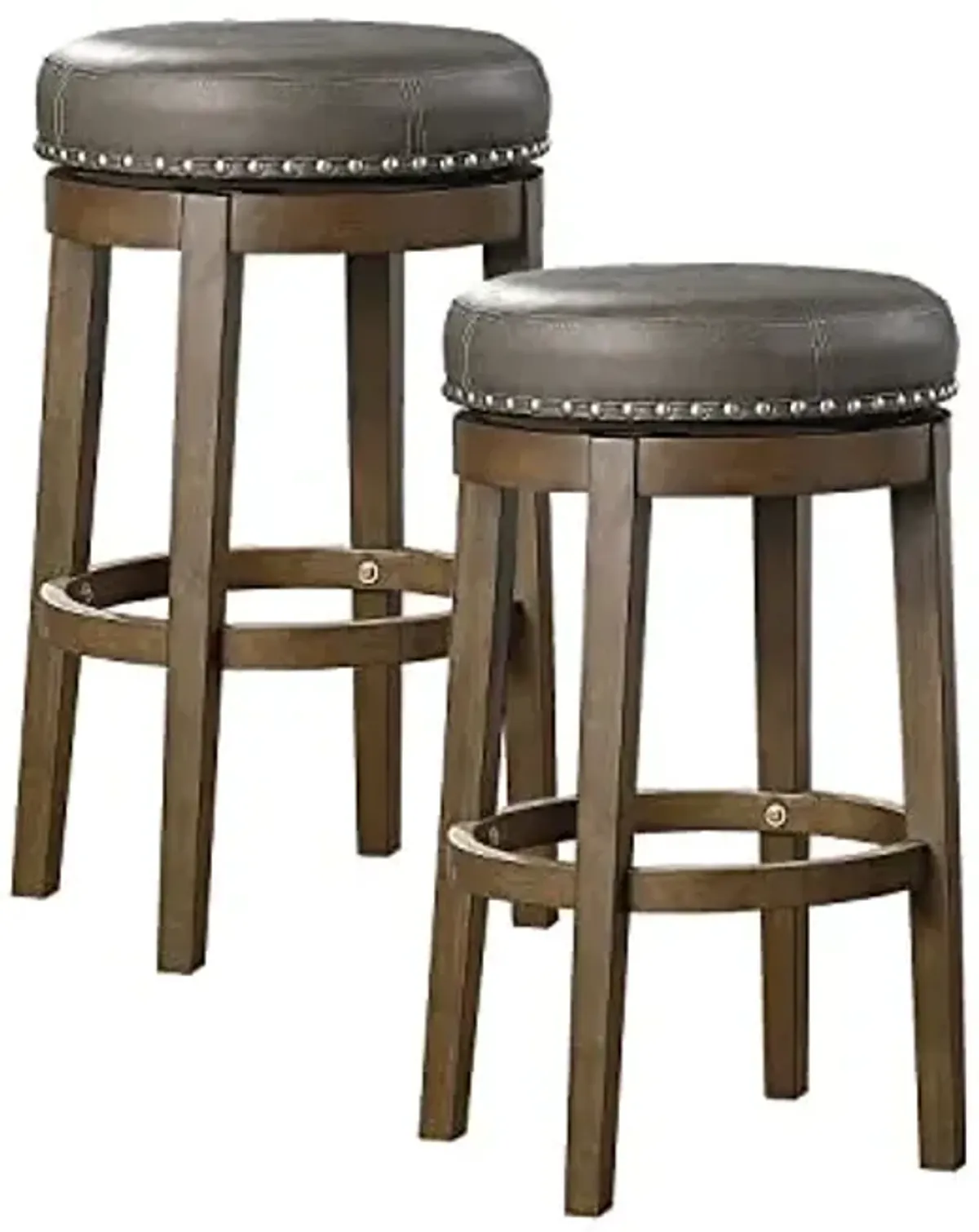 Lexicon Kenmare Swivel Bar Stools Set of 2, Rustic 360 Degree Backless Swivel Stools, Faux Leather Upholstered, Solid Wood Frame, Easy Assembly, Round Top, Foot Rest, 30.5" Gray
