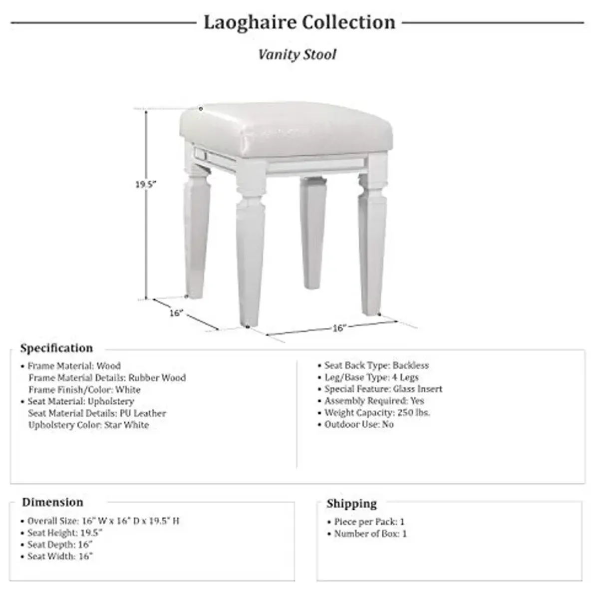 Lexicon Laoghaire Fabric Vanity Stool, White