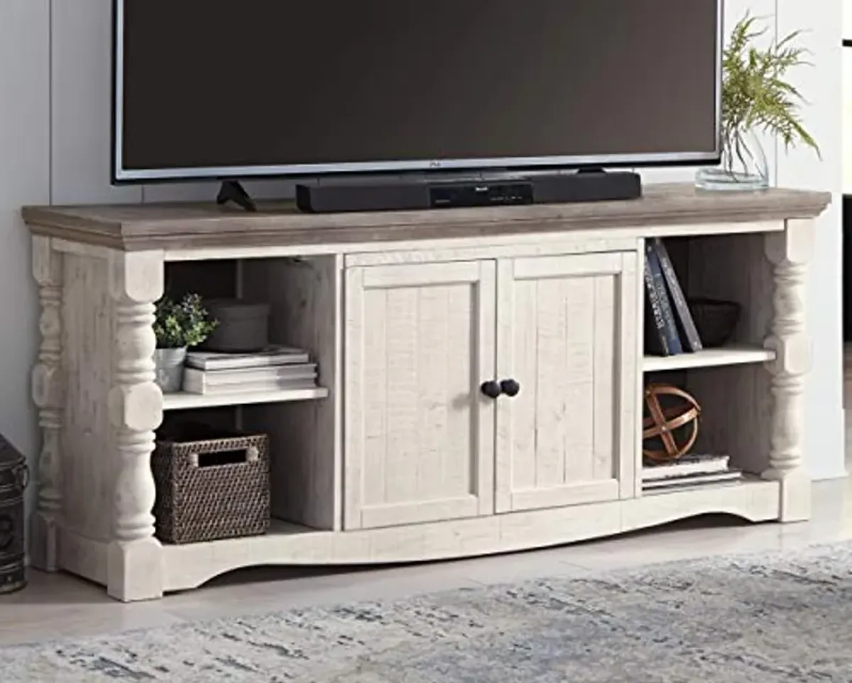 Signature Design by Ashley Havalance Farmhouse TV Stand Fits TVs up to 65", 2 Door Cabinet and Shelves For Storage, Vintage White & Weathered Gray