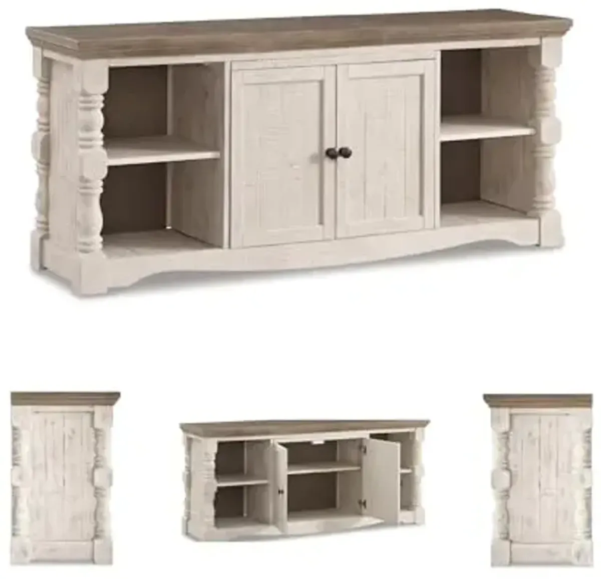 Signature Design by Ashley Havalance Farmhouse TV Stand Fits TVs up to 65", 2 Door Cabinet and Shelves For Storage, Vintage White & Weathered Gray