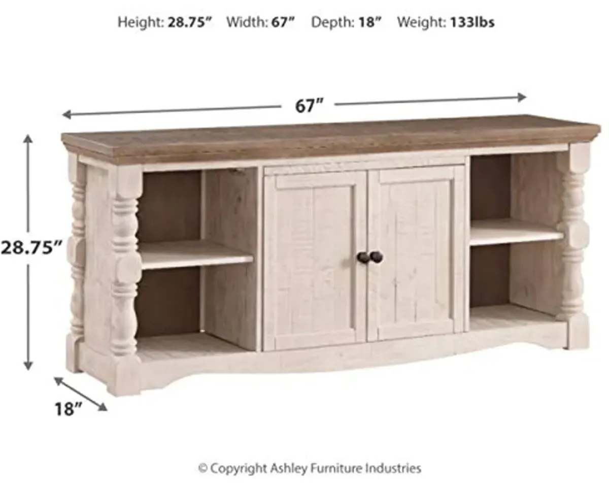 Signature Design by Ashley Havalance Farmhouse TV Stand Fits TVs up to 65", 2 Door Cabinet and Shelves For Storage, Vintage White & Weathered Gray