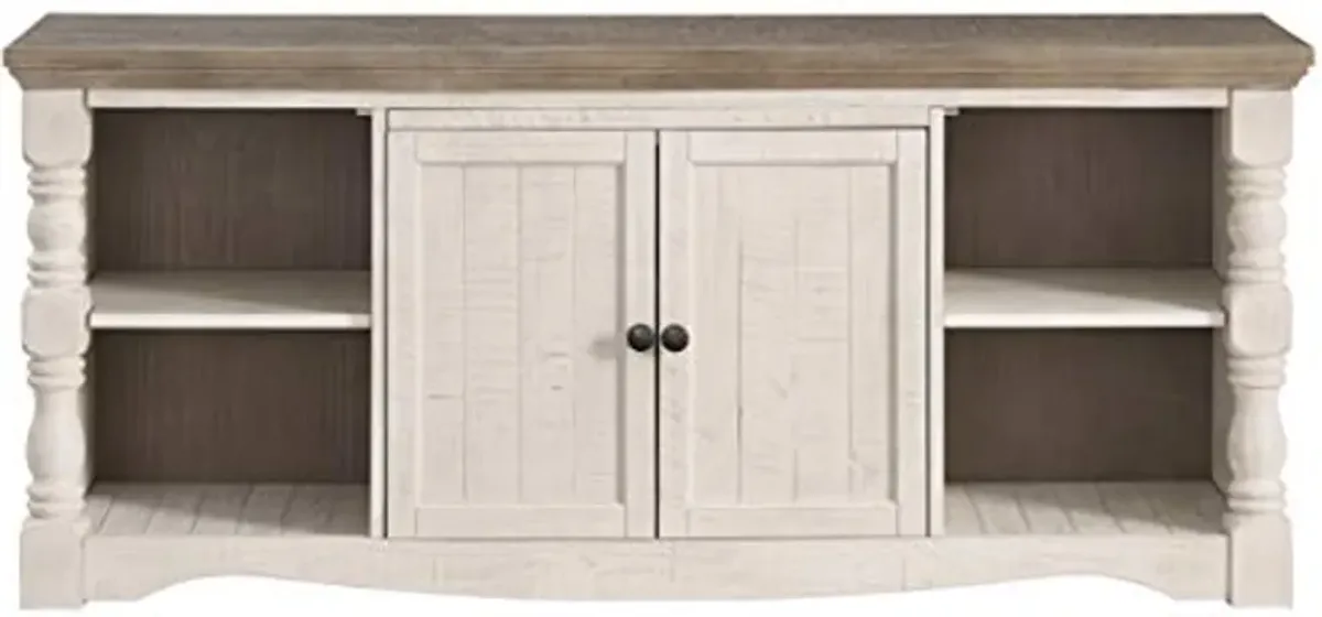 Signature Design by Ashley Havalance Farmhouse TV Stand Fits TVs up to 65", 2 Door Cabinet and Shelves For Storage, Vintage White & Weathered Gray