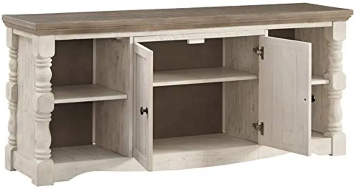 Signature Design by Ashley Havalance Farmhouse TV Stand Fits TVs up to 65", 2 Door Cabinet and Shelves For Storage, Vintage White & Weathered Gray