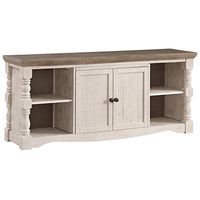 Signature Design by Ashley Havalance Farmhouse TV Stand Fits TVs up to 65", 2 Door Cabinet and Shelves For Storage, Vintage White & Weathered Gray