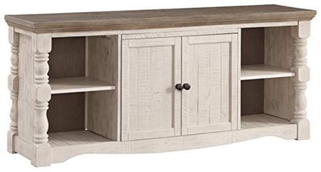 Signature Design by Ashley Havalance Farmhouse TV Stand Fits TVs up to 65", 2 Door Cabinet and Shelves For Storage, Vintage White & Weathered Gray
