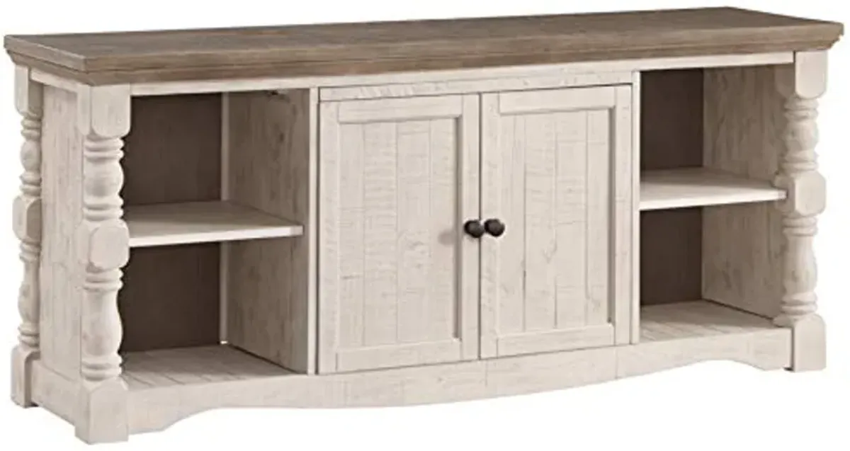 Signature Design by Ashley Havalance Farmhouse TV Stand Fits TVs up to 65", 2 Door Cabinet and Shelves For Storage, Vintage White & Weathered Gray