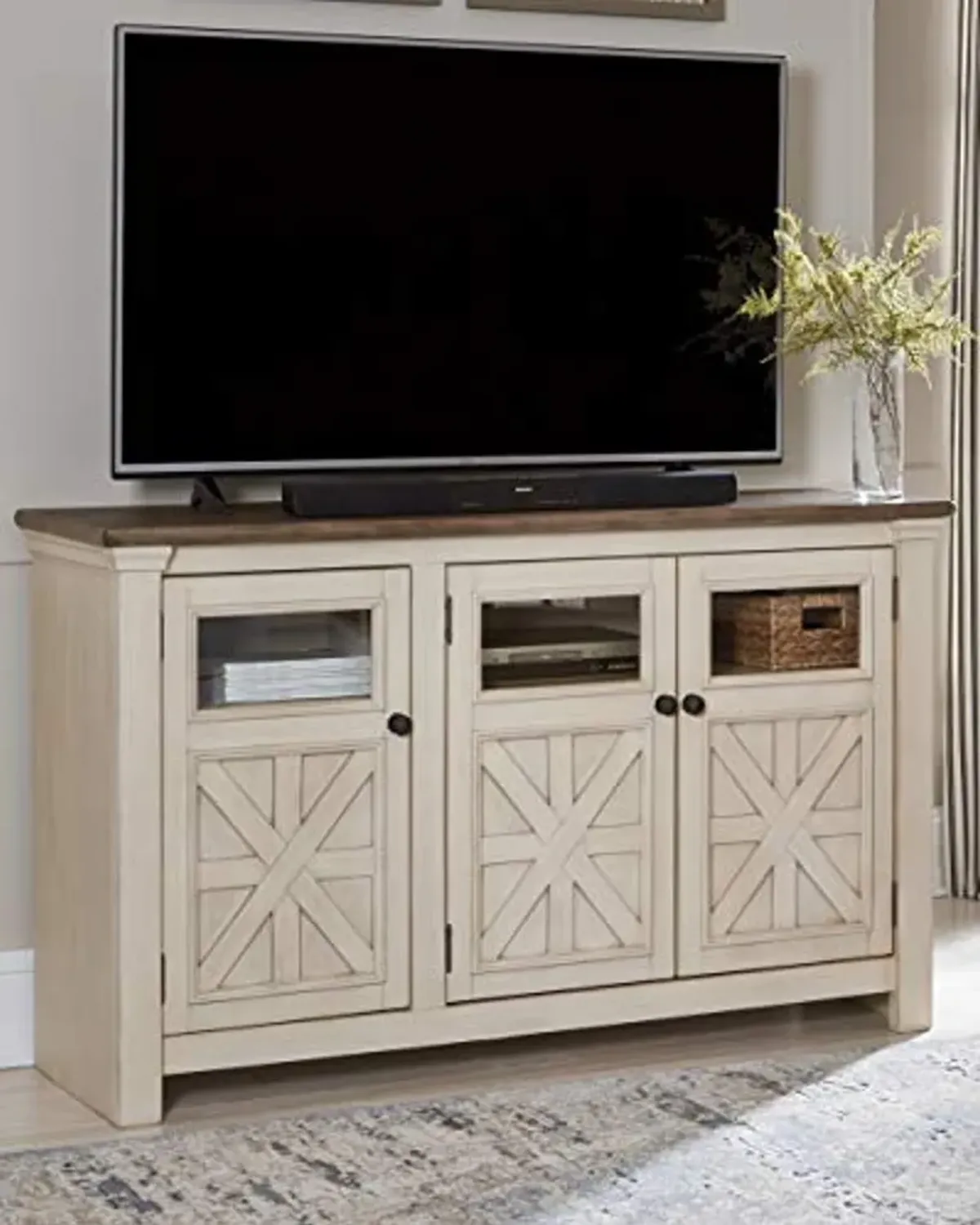 Signature Design by Ashley Bolanburg Farmhouse TV Stand Fits TVs up to 58", 2 Cabinet Doors and 4 Adjustable Storage Shelves, Whitewash & Light Brown