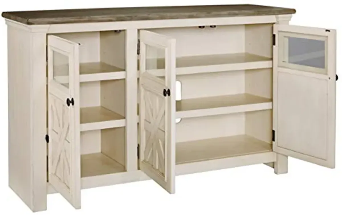 Signature Design by Ashley Bolanburg Farmhouse TV Stand Fits TVs up to 58", 2 Cabinet Doors and 4 Adjustable Storage Shelves, Whitewash & Light Brown