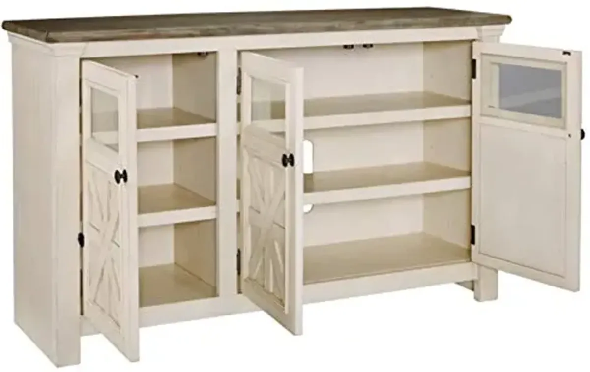 Signature Design by Ashley Bolanburg Farmhouse TV Stand Fits TVs up to 58", 2 Cabinet Doors and 4 Adjustable Storage Shelves, Whitewash & Light Brown