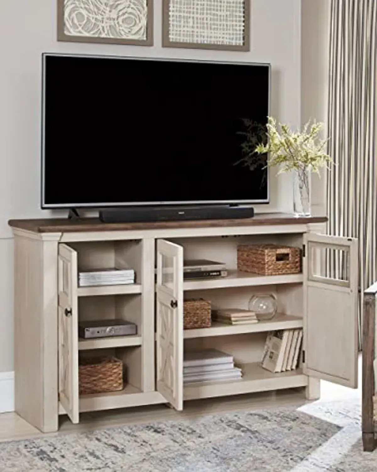 Signature Design by Ashley Bolanburg Farmhouse TV Stand Fits TVs up to 58", 2 Cabinet Doors and 4 Adjustable Storage Shelves, Whitewash & Light Brown