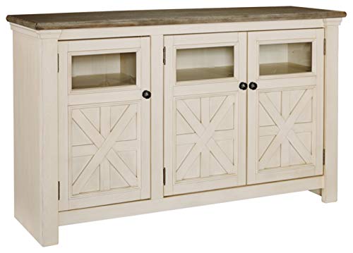 Signature Design by Ashley Bolanburg Farmhouse TV Stand Fits TVs up to 58", 2 Cabinet Doors and 4 Adjustable Storage Shelves, Whitewash & Light Brown
