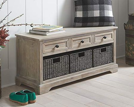 Signature Design by Ashley Oslember Farmhouse Storage Bench with Drawers and 3 Removable Baskets, Brown