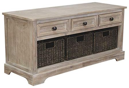 Signature Design by Ashley Oslember Farmhouse Storage Bench with Drawers and 3 Removable Baskets, Brown