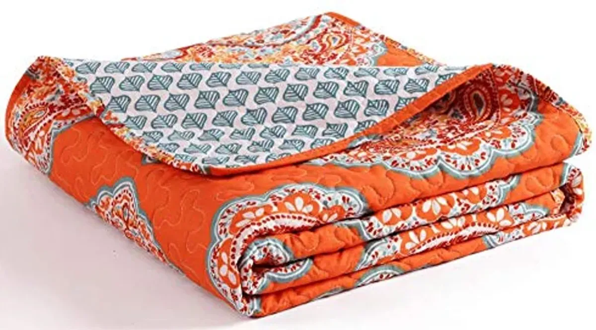 Lush Decor Harley Reversible Throw Blanket, 50" W x 60" L, Tangerine - Modern Bohemian Paisley Print - Quilted Colorful Blanket - Orange Throw Blanket - Boho Throw Blanket for Bed, Couch, Or Chair