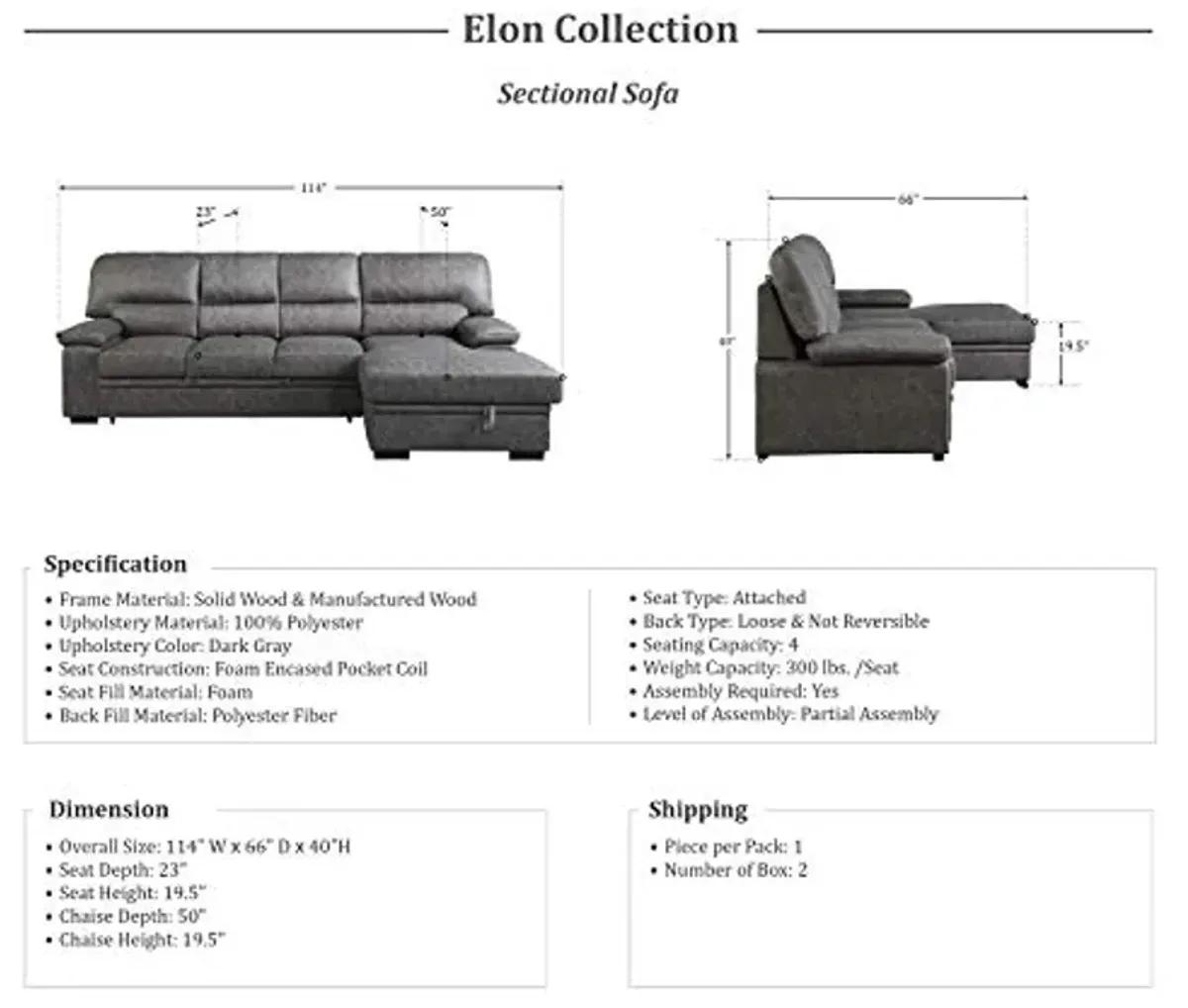 Lexicon Sectional Couches for Living Room, Sofa Bed, Sleeper Sofa, L Shaped Couch with Storage Chaise and Pull Out Couch Bed, Sectional Sleeper Sofa Bed for Living Room Apartment, Dark Grey