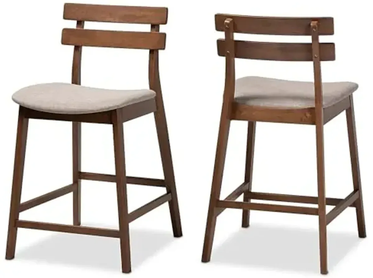 Baxton Studio Larine Modern and Contemporary Light Grey Fabric Upholstered Walnut Finished 2-Piece Wood Counter Stool Set