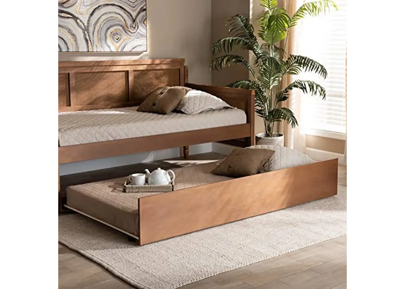 Baxton Studio Toveli Modern and Contemporary Ash Walnut Finished Twin Size Trundle Bed