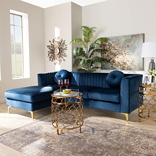 Baxton Studio Giselle Navy Blue Velvet Gold Finished Sectional Sofa