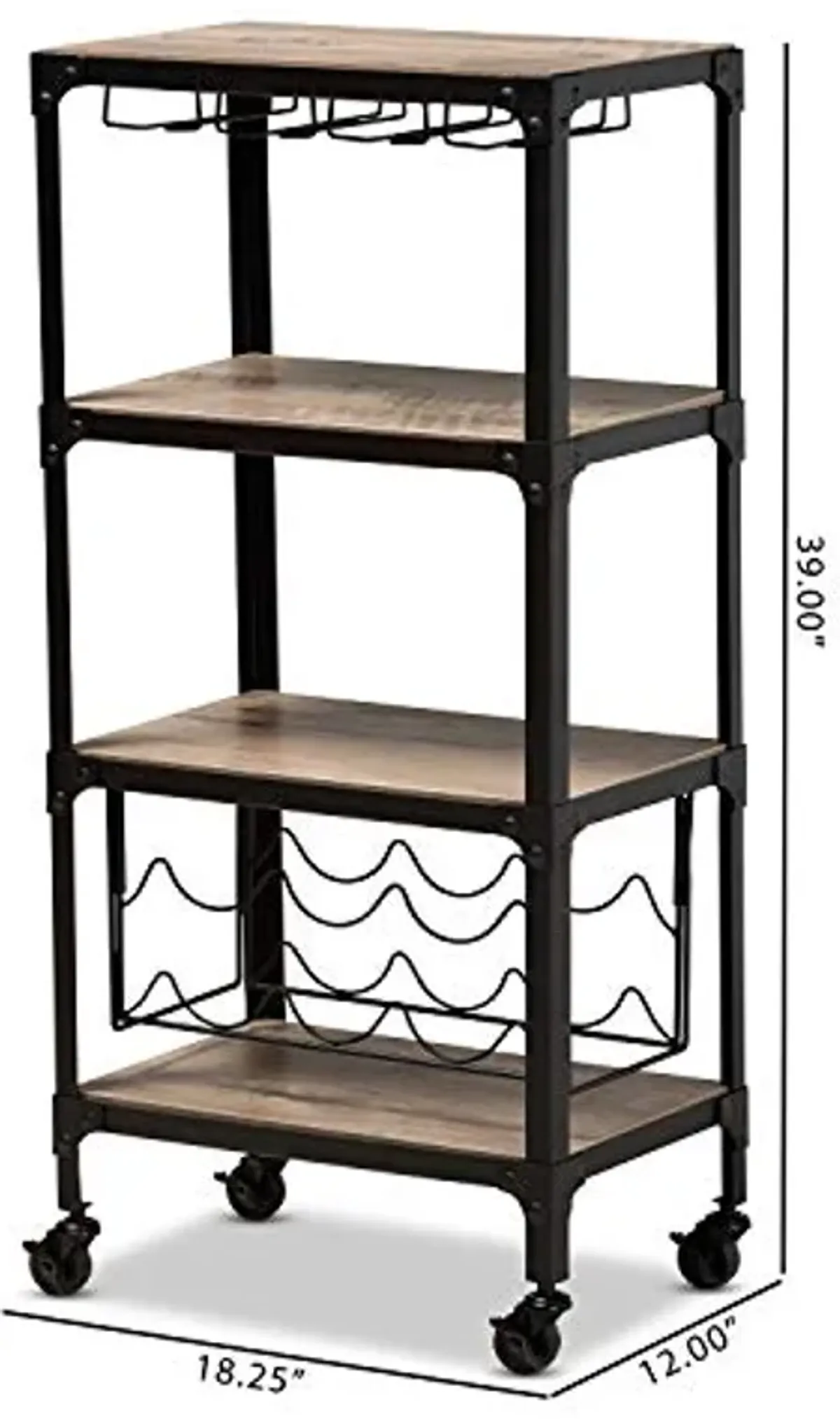 Baxton Studio Swanson Rustic Industrial Style Antique Black Textured Metal Distressed Oak Finished Wood Mobile Kitchen Bar Wine Cart