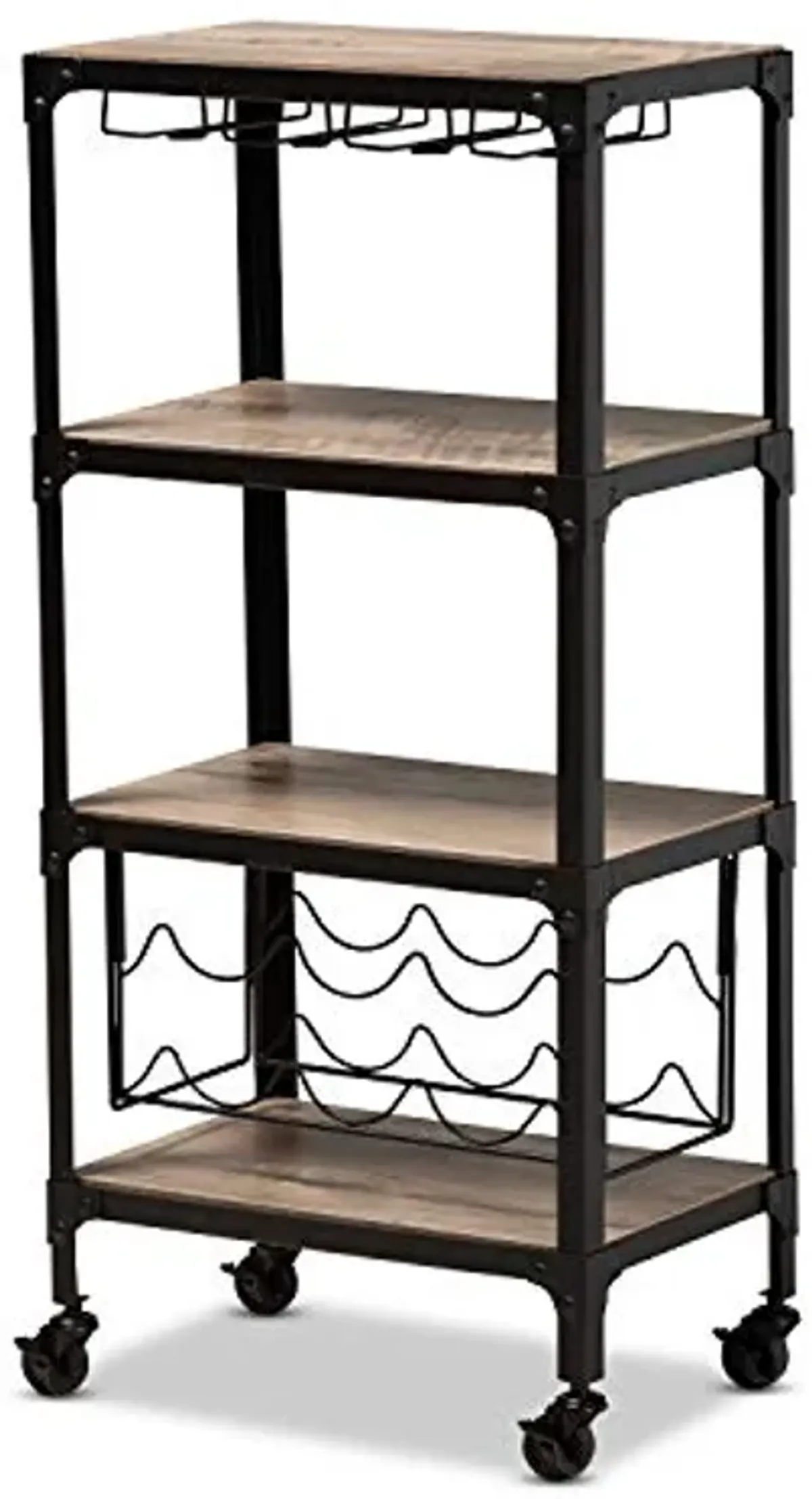 Baxton Studio Swanson Rustic Industrial Style Antique Black Textured Metal Distressed Oak Finished Wood Mobile Kitchen Bar Wine Cart