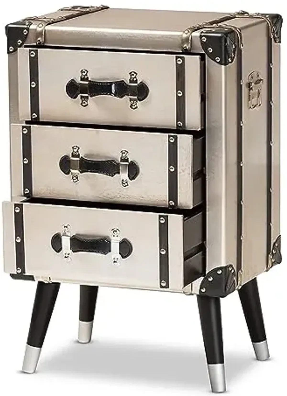 Baxton Studio Dilan Vintage Industrial Antique Silver Finished Metal Trunk Inspired 3-Drawer Nightstand