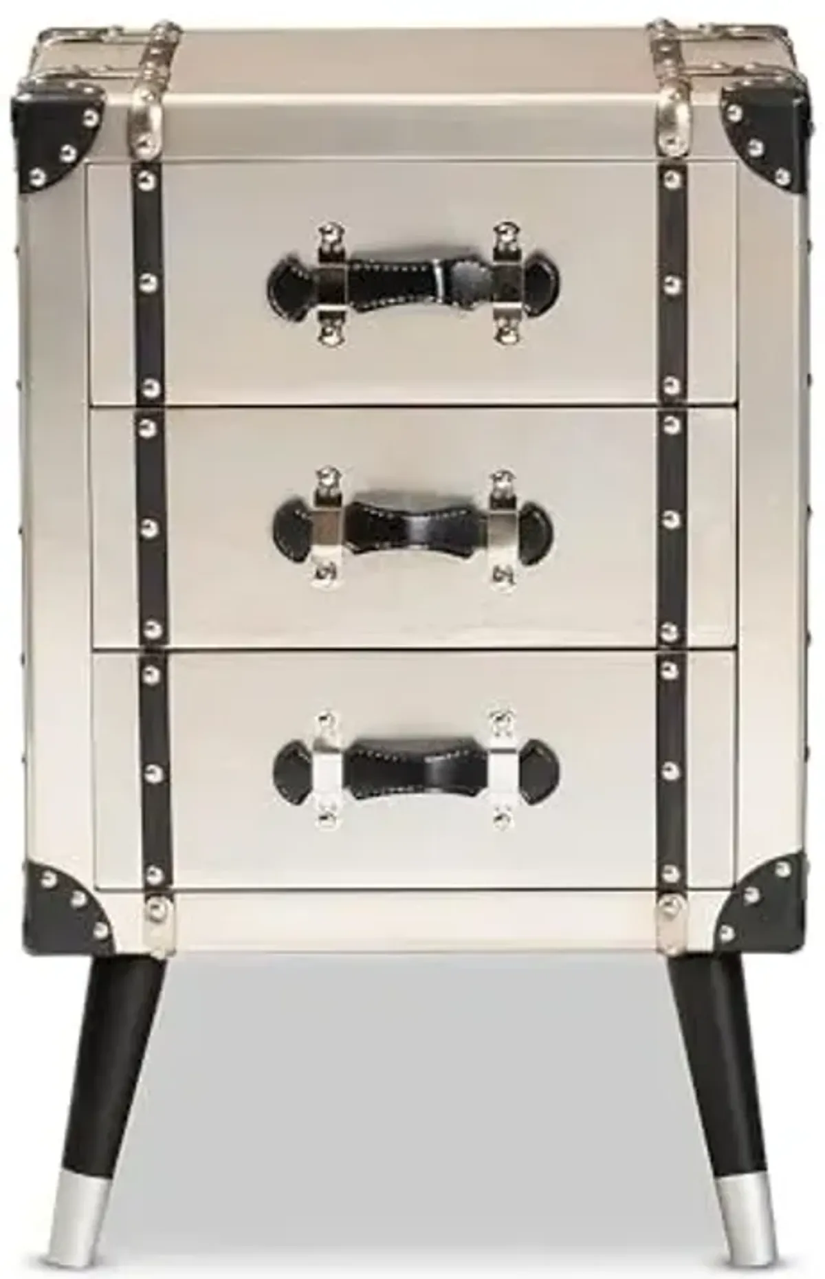 Baxton Studio Dilan Vintage Industrial Antique Silver Finished Metal Trunk Inspired 3-Drawer Nightstand