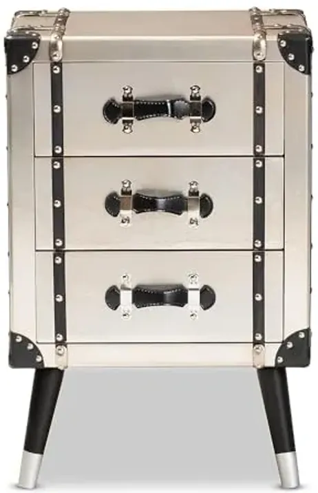 Baxton Studio Dilan Vintage Industrial Antique Silver Finished Metal Trunk Inspired 3-Drawer Nightstand