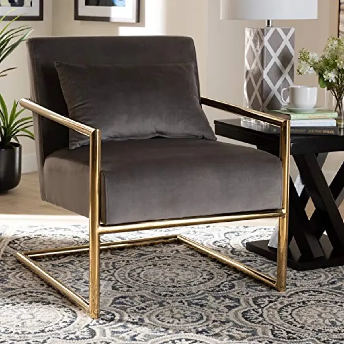 Baxton Studio Mira Glam and Luxe Grey Velvet Fabric Upholstered Gold Finished Metal Lounge Chair