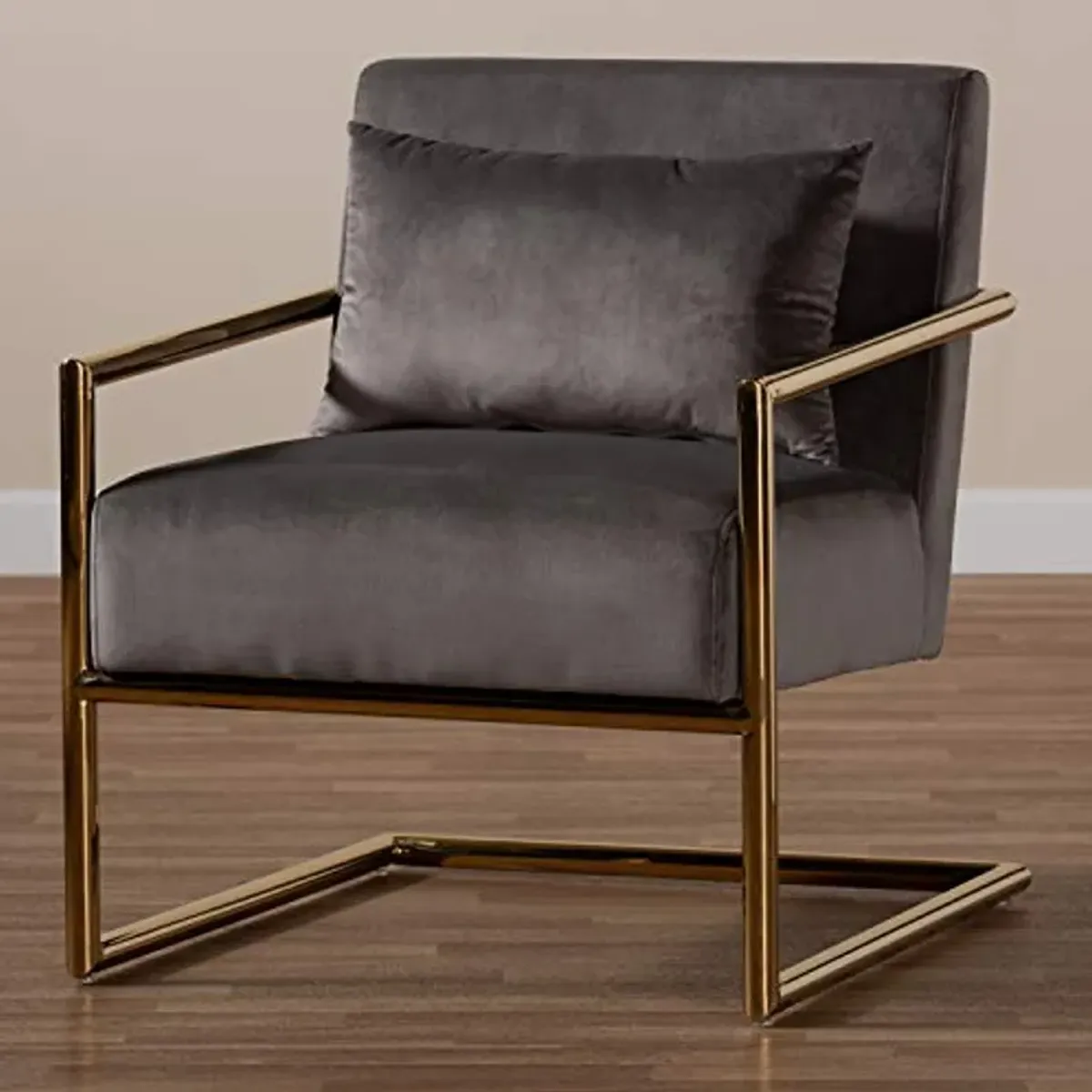 Baxton Studio Mira Glam and Luxe Grey Velvet Fabric Upholstered Gold Finished Metal Lounge Chair