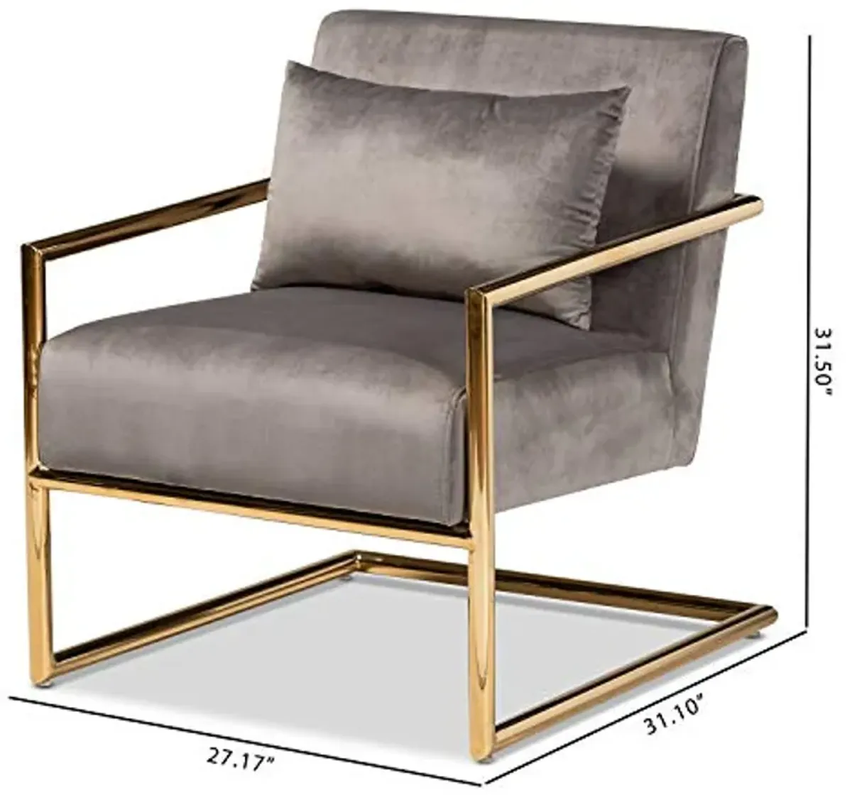 Baxton Studio Mira Glam and Luxe Grey Velvet Fabric Upholstered Gold Finished Metal Lounge Chair