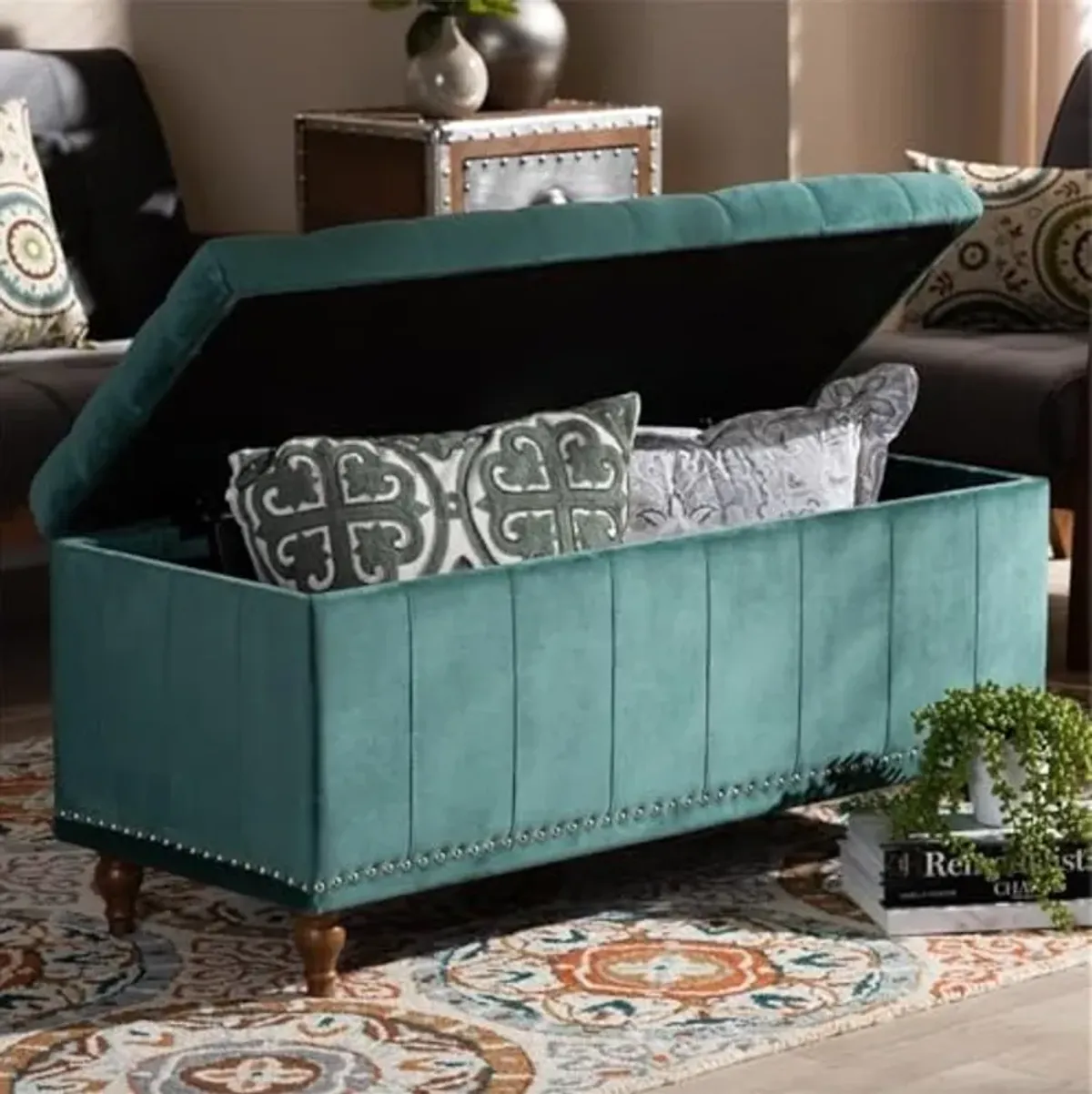 Baxton Studio Kaylee Modern and Contemporary Teal Blue Velvet Fabric Upholstered Button-Tufted Storage Ottoman Bench