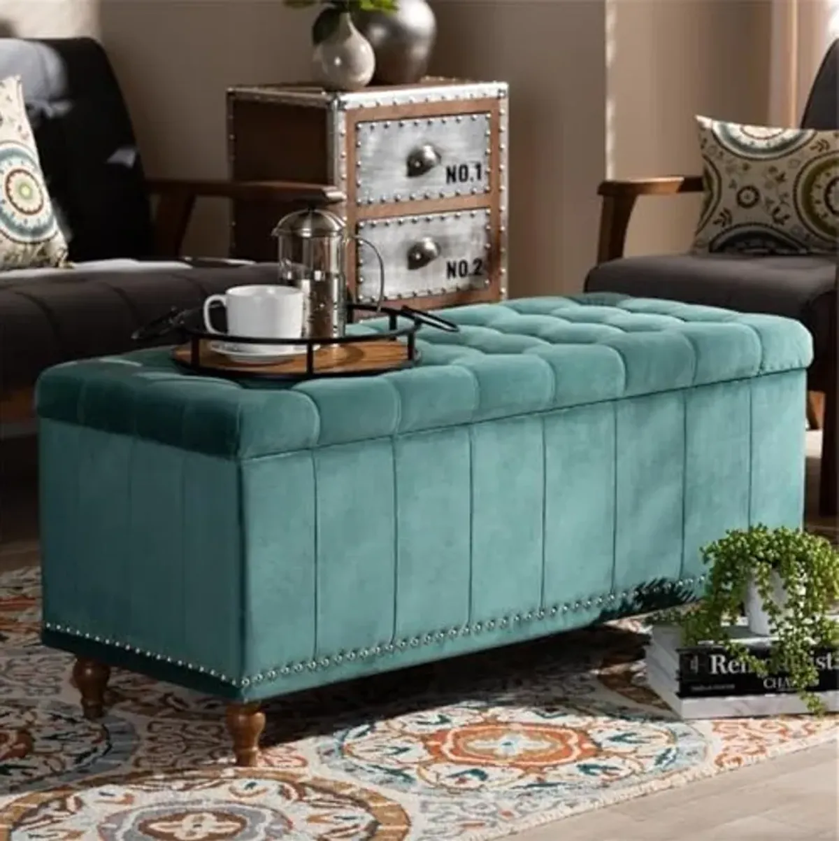 Baxton Studio Kaylee Modern and Contemporary Teal Blue Velvet Fabric Upholstered Button-Tufted Storage Ottoman Bench