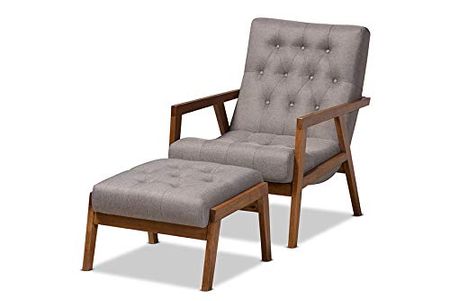 Baxton Studio Naeva Mid-Century Modern Grey Fabric Upholstered Walnut Finished Wood 2-Piece Armchair and Footstool Set