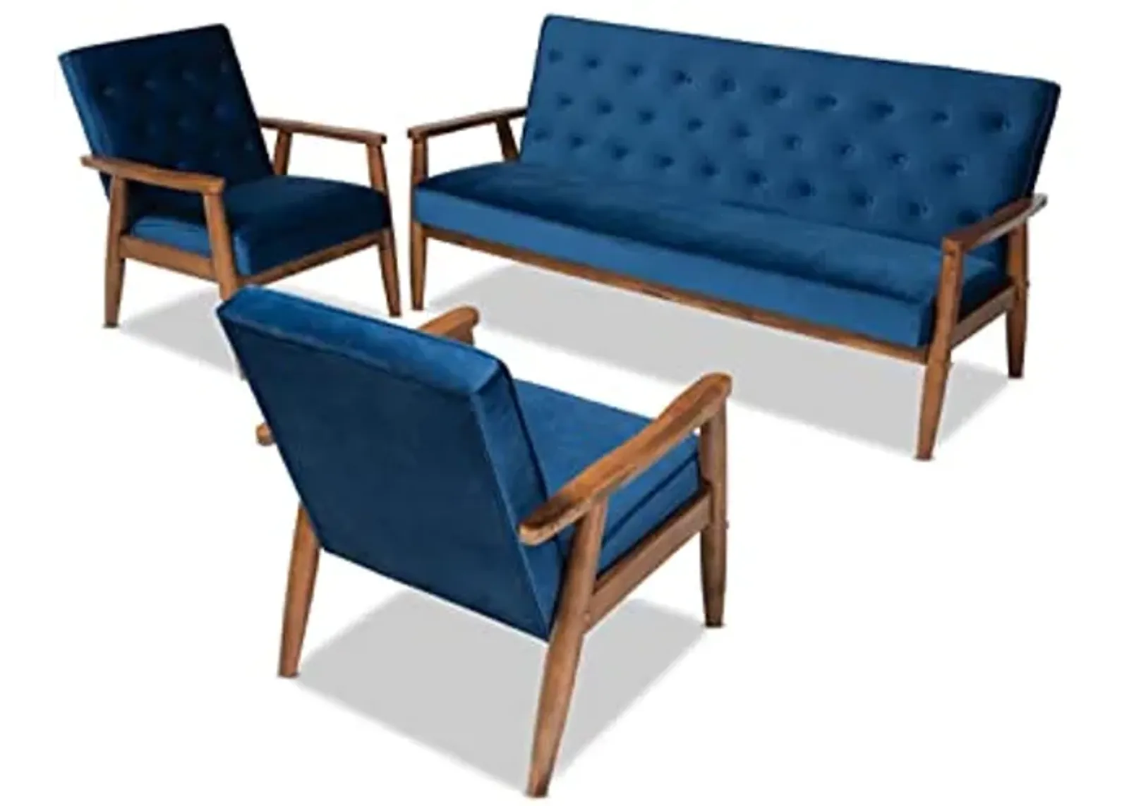 Baxton Studio Sorrento Mid-century Modern Navy Blue Velvet Fabric Upholstered Walnut Finished 3-Piece Wooden Living Room Set