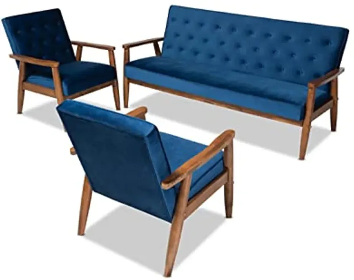 Baxton Studio Sorrento Mid-century Modern Navy Blue Velvet Fabric Upholstered Walnut Finished 3-Piece Wooden Living Room Set