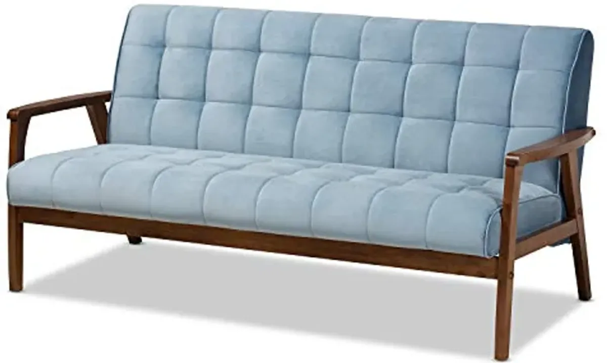 Baxton Studio Asta Mid-Century Modern Light Blue Velvet Fabric Upholstered Walnut Finished Wood 3-Piece Living Room Set