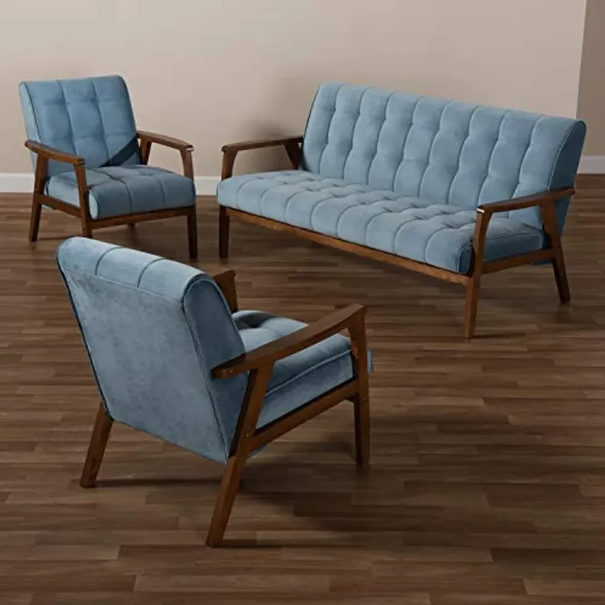 Baxton Studio Asta Mid-Century Modern Light Blue Velvet Fabric Upholstered Walnut Finished Wood 3-Piece Living Room Set