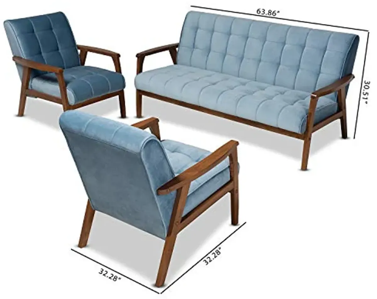 Baxton Studio Asta Mid-Century Modern Light Blue Velvet Fabric Upholstered Walnut Finished Wood 3-Piece Living Room Set