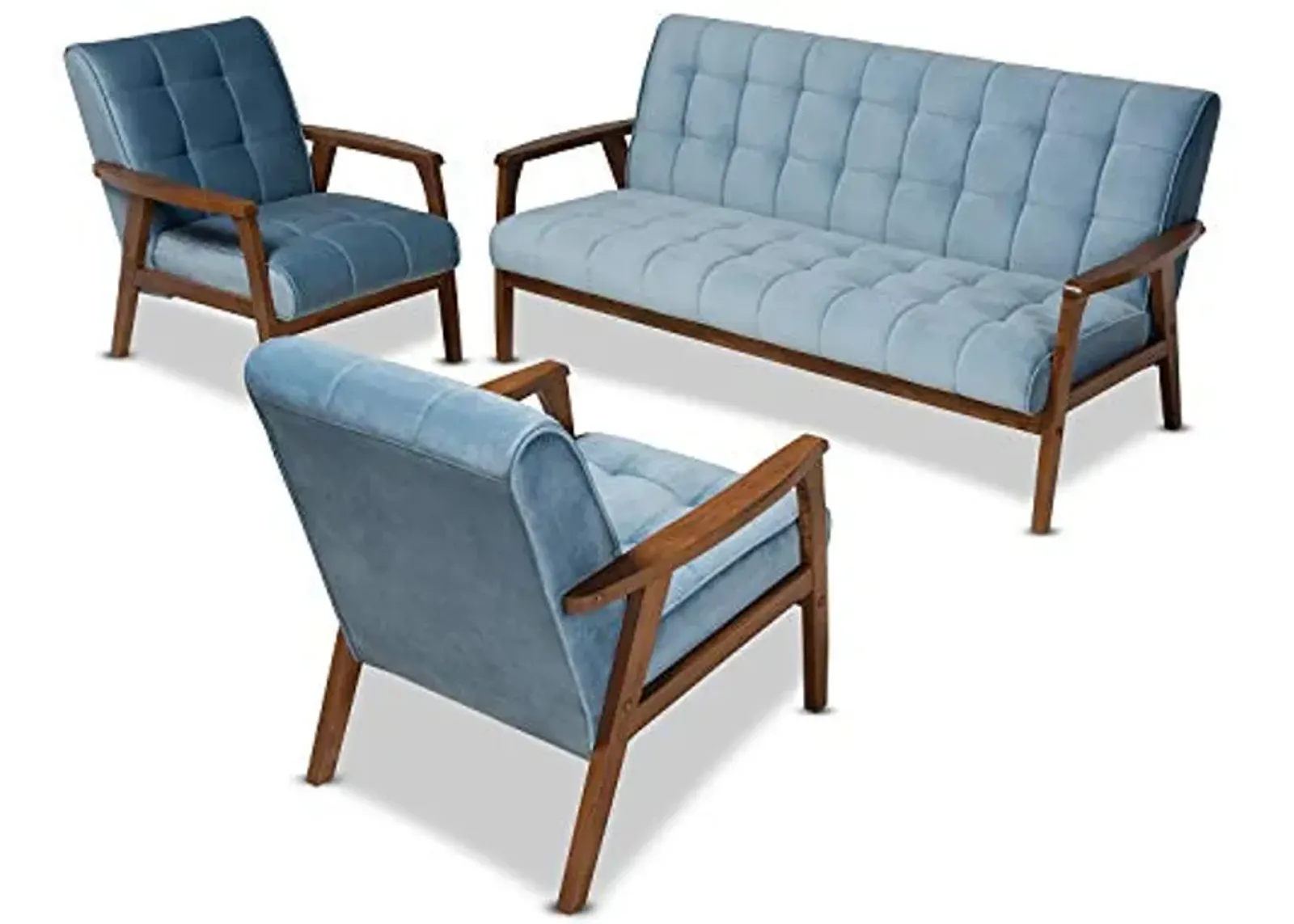 Baxton Studio Asta Mid-Century Modern Light Blue Velvet Fabric Upholstered Walnut Finished Wood 3-Piece Living Room Set