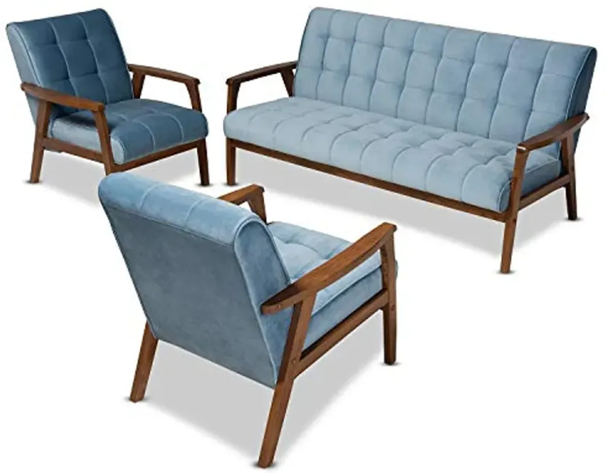 Baxton Studio Asta Mid-Century Modern Light Blue Velvet Fabric Upholstered Walnut Finished Wood 3-Piece Living Room Set