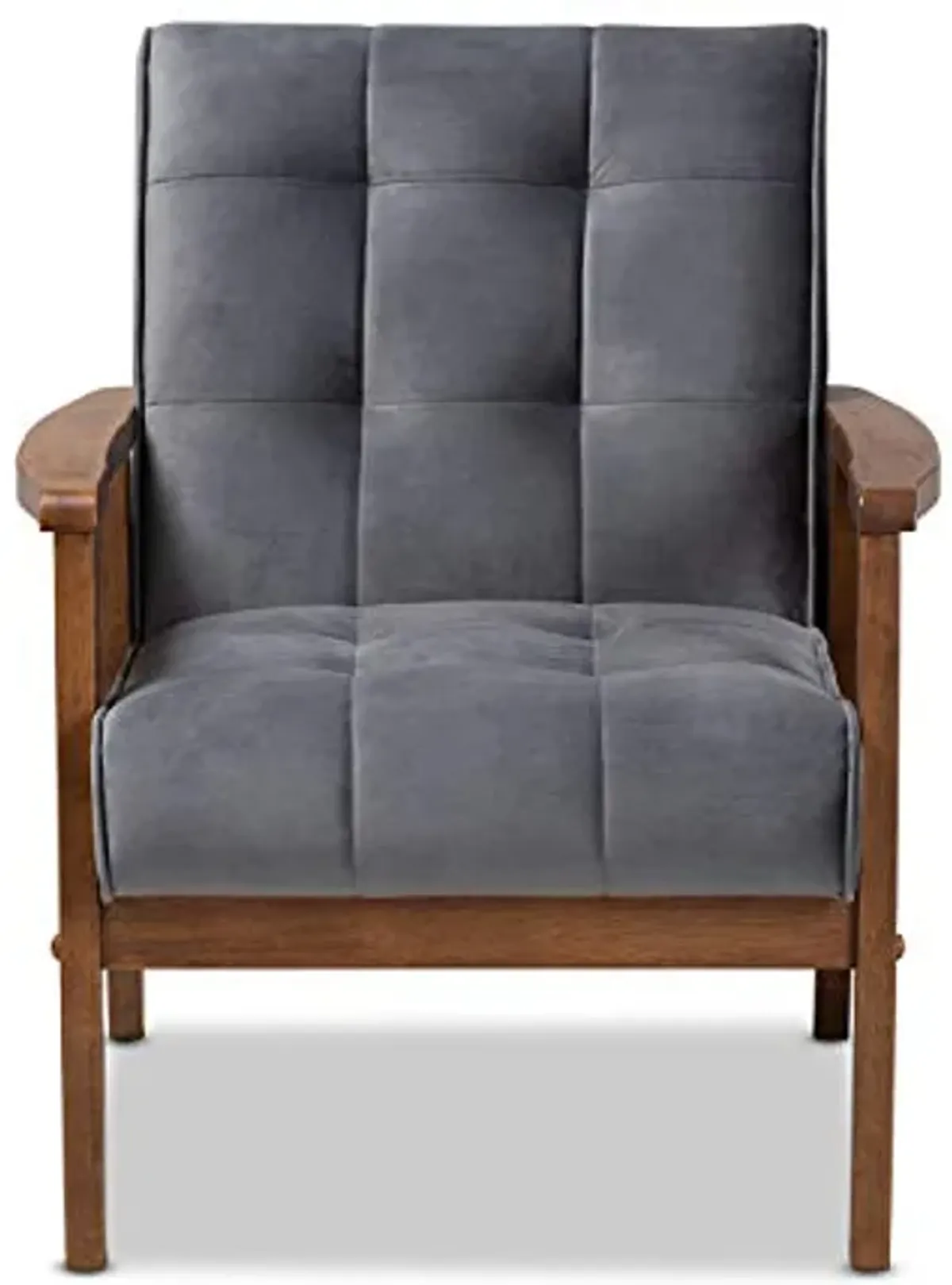 Baxton Studio Asta Mid-Century Modern Grey Velvet Fabric Upholstered Walnut Finished Wood Armchair