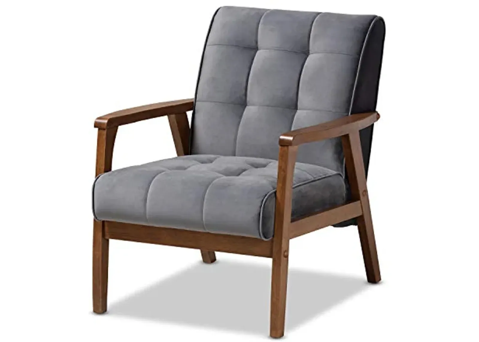 Baxton Studio Asta Mid-Century Modern Grey Velvet Fabric Upholstered Walnut Finished Wood Armchair